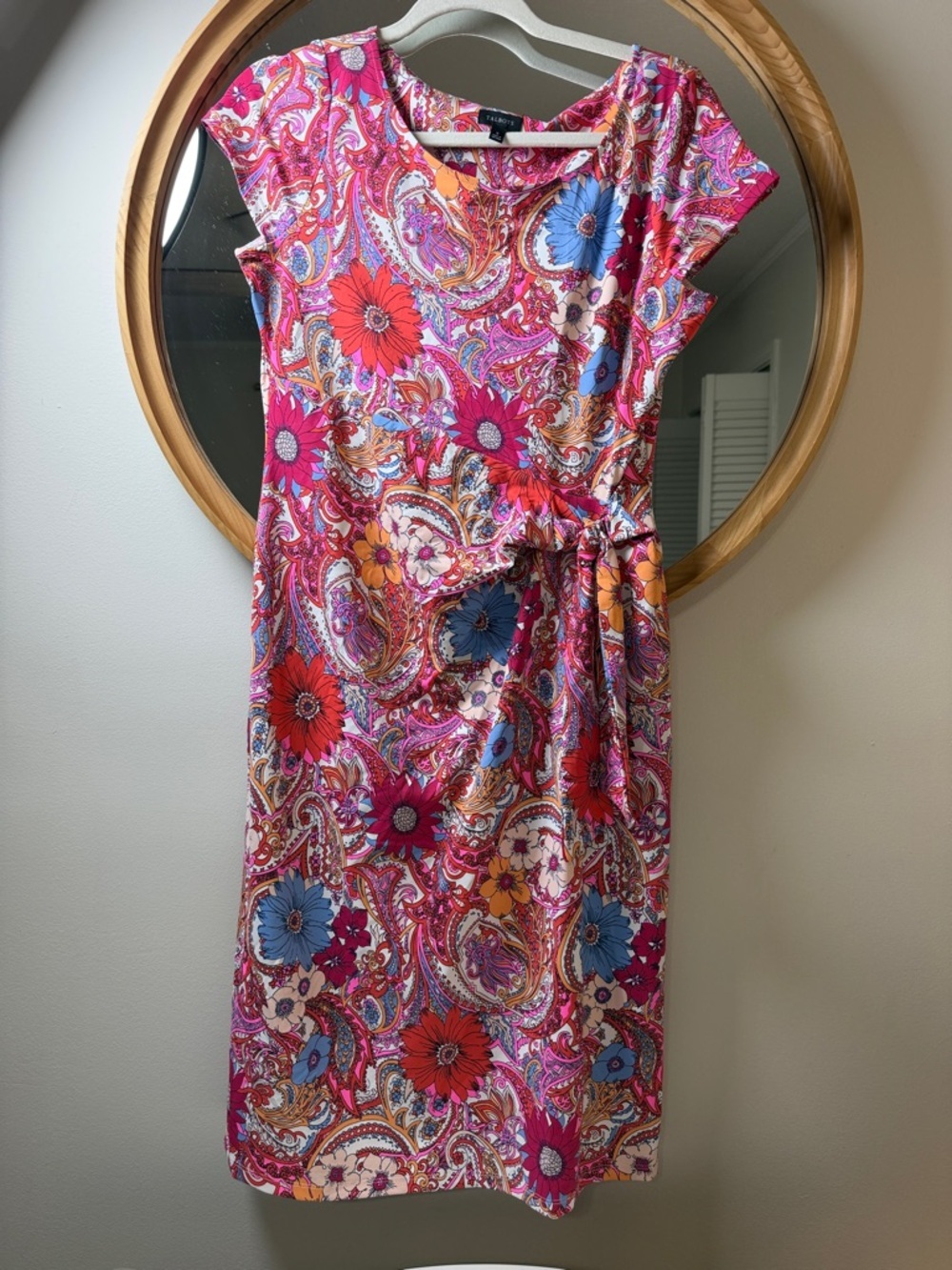 Talbots Pink Paisley Floral Tie-Waist Midi Dress with Blue‎ and Orange Accents